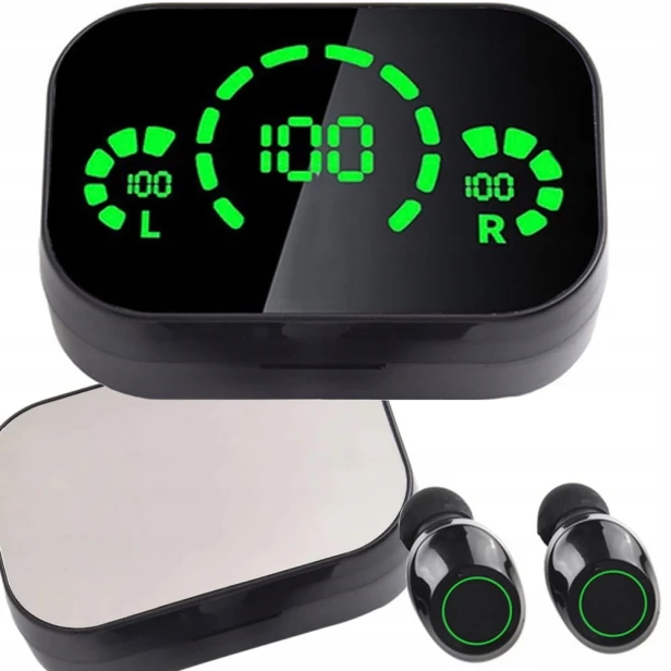 SŁUCHAWKI DOUSZNE BLUETOOTH BEZPRZEWODOWE Z ETUI ŁADUJĄCYM LED I MIKROFONEM