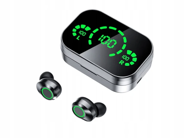 SŁUCHAWKI DOUSZNE BLUETOOTH BEZPRZEWODOWE Z ETUI ŁADUJĄCYM LED I MIKROFONEM