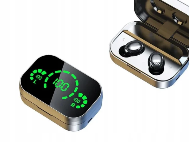 SŁUCHAWKI DOUSZNE BLUETOOTH BEZPRZEWODOWE Z ETUI ŁADUJĄCYM LED I MIKROFONEM