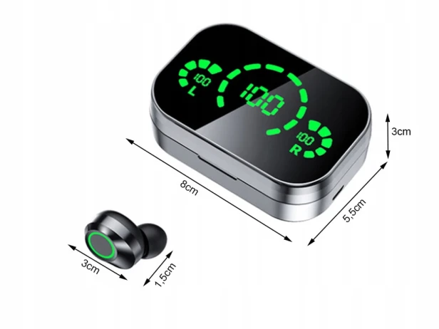 SŁUCHAWKI DOUSZNE BLUETOOTH BEZPRZEWODOWE Z ETUI ŁADUJĄCYM LED I MIKROFONEM