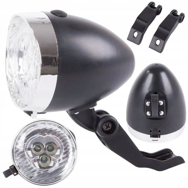 OŚWIETLENIE ROWEROWE PRZEDNIE LAMPKA NA ROWER 3 LED BATERIE RETRO CHROM