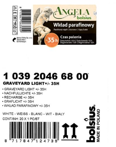 ANGELA BOLSIUS WKŁAD DO ZNICZY PARAFINOWY 35H 11CM 5,5CM